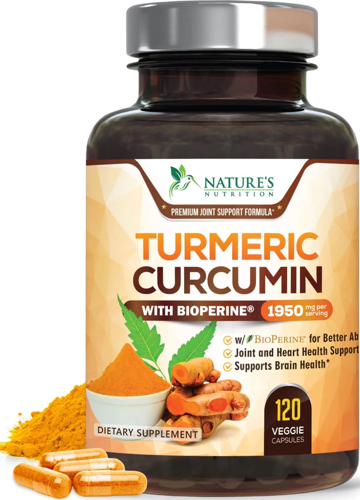 Nature's Nutrition Turmeric Curcumin Supplement 1950mg with BioPerine | Vegan Joint Support Capsules (120 Count) — Capsule