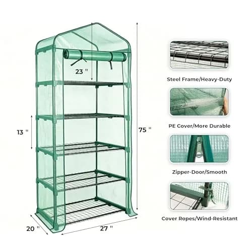Worth Garden 4 Tier Mini Greenhouse 160cm (63") H x 68cm (27") L x 48cm (19") W | Sturdy Portable Gardening Shelves with PVC Cover thumbnail 6