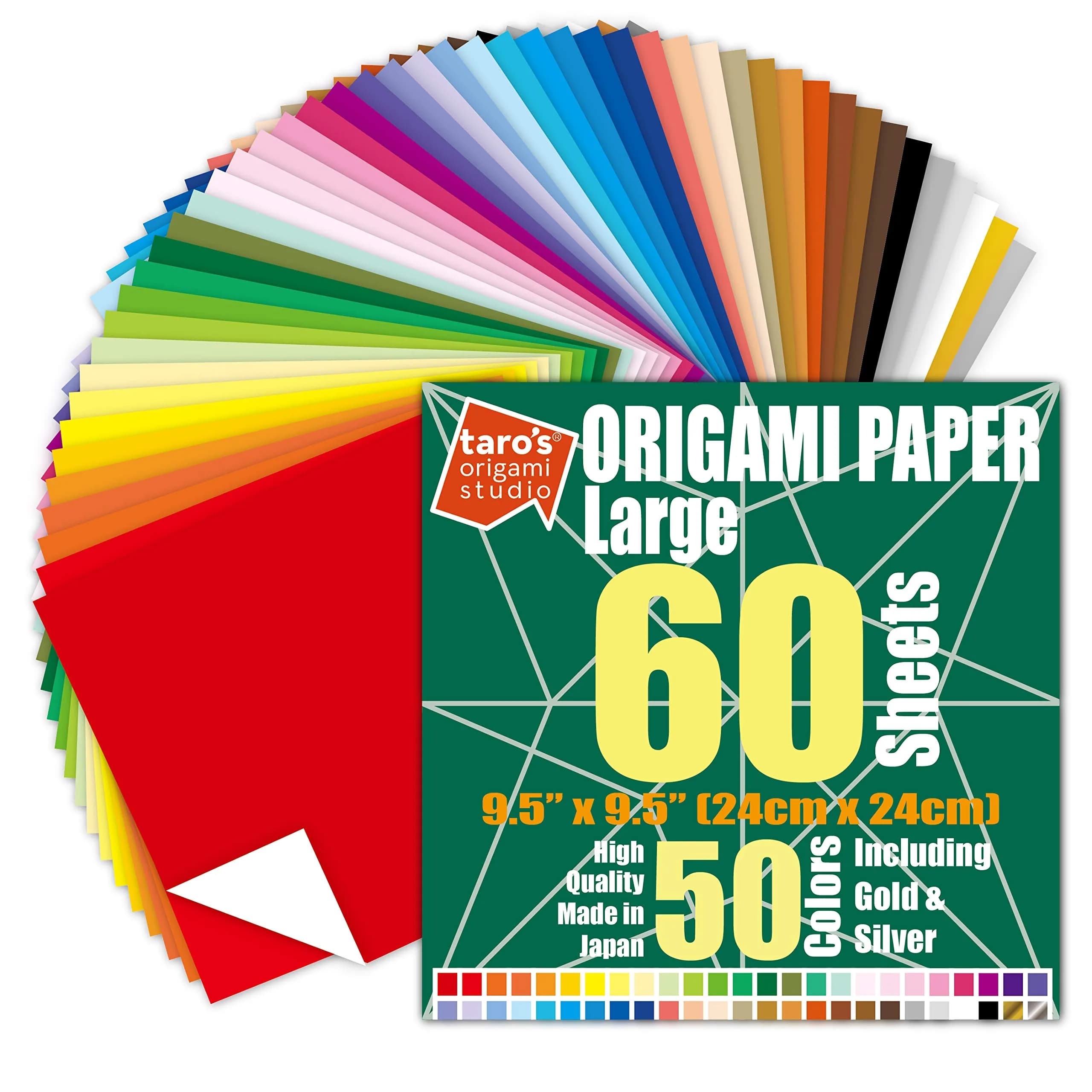 Taro's Origami Studio Large 9.5 Inch (24 cm) 50 Colors 60 Sheets Square Origami Paper | Authentic Japanese Kami