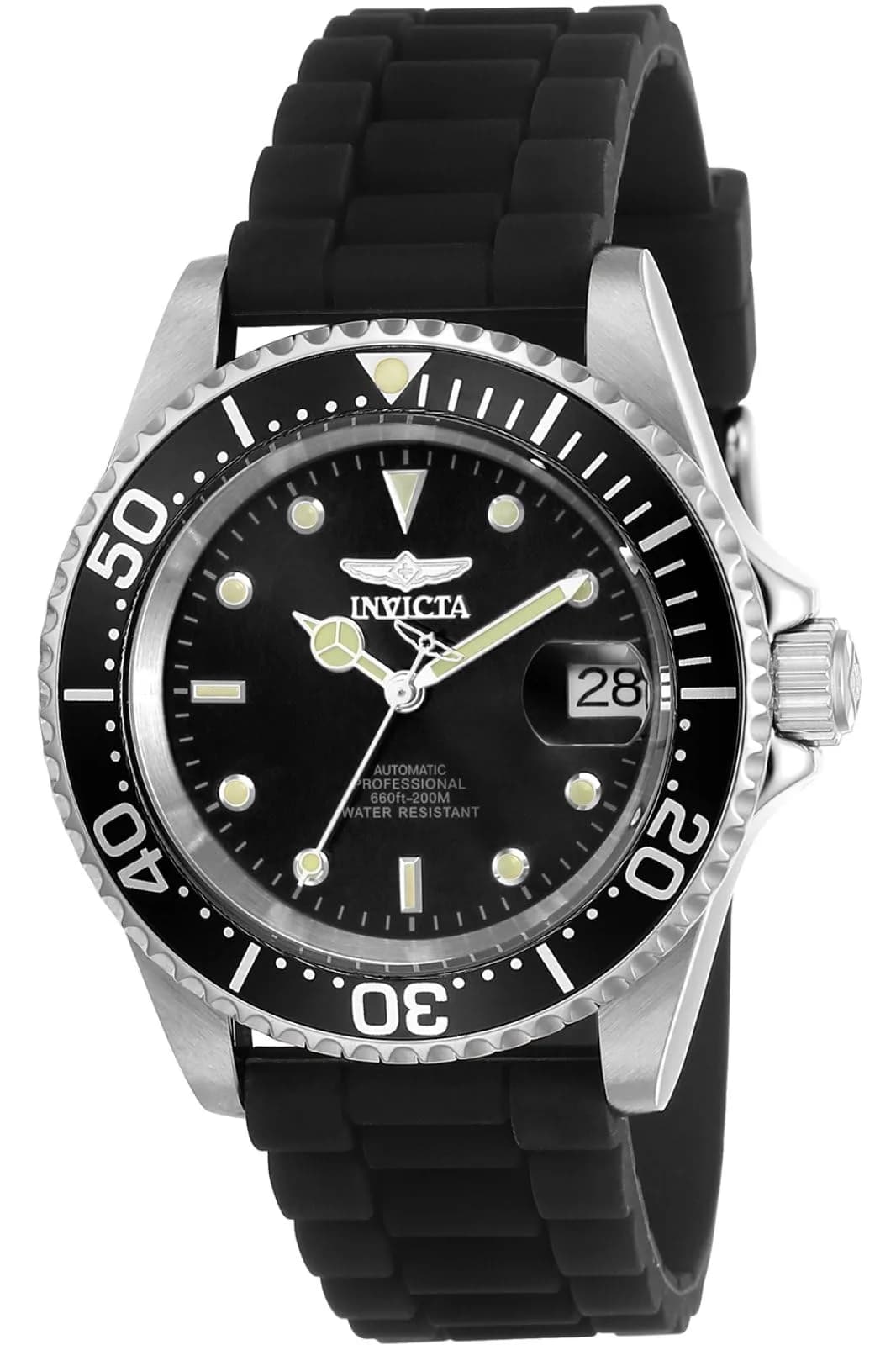 Invicta Men's Pro Diver Automatic Watch with Silicone Band, Black | 40mm Stainless Steel Case & 200M Water Resistance