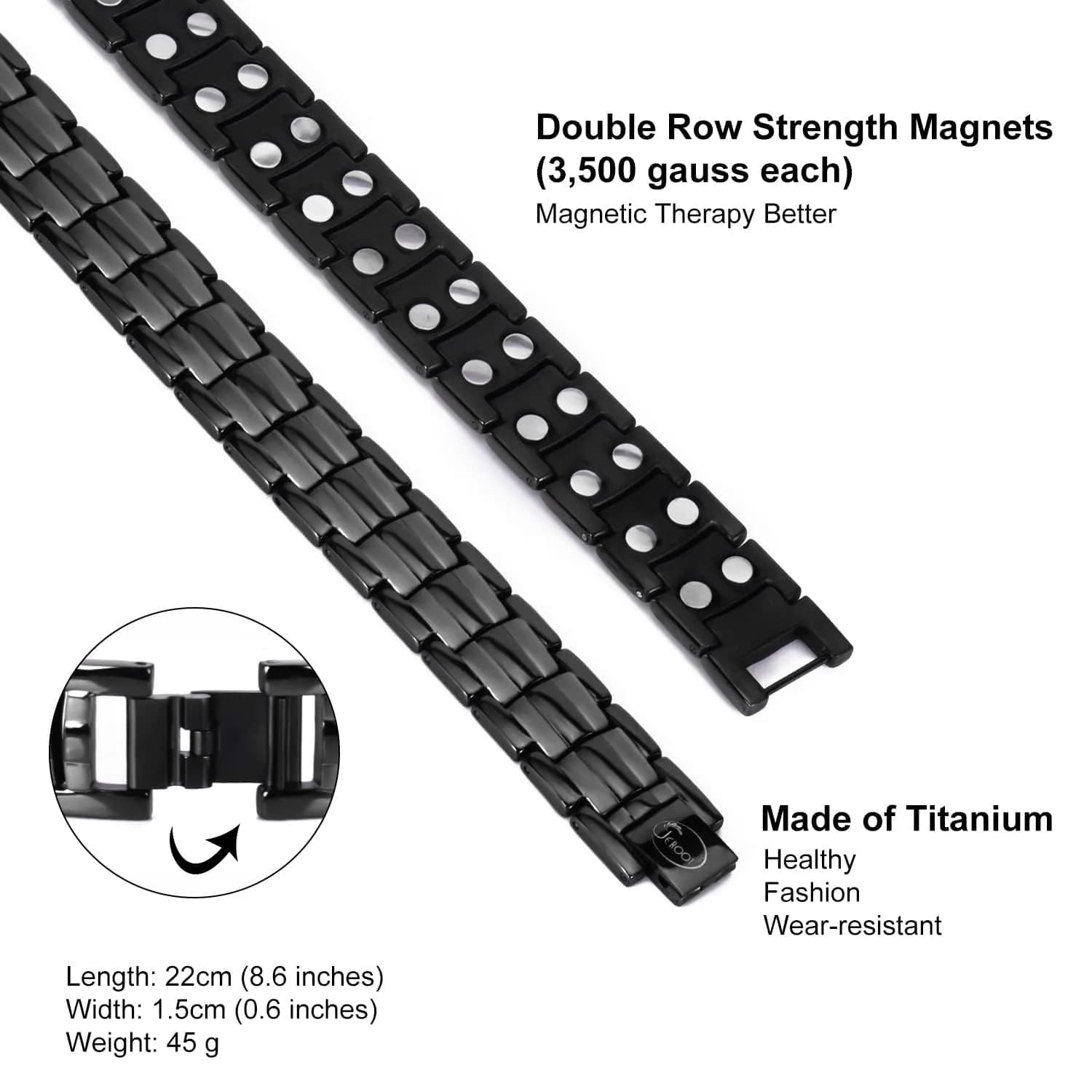 JEROOT Black Magnetic Bracelet for Men | Pure Titanium with 44 x 3500 Gauss Magnets - view 4