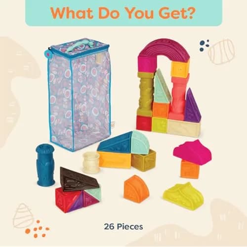 B. toys Elemenosqueeze Baby Blocks, 26 Soft Alphabet Building Blocks | Educational & Sensory Play for Ages 6 Months+ thumbnail 5