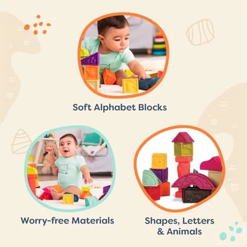 B. toys Elemenosqueeze Baby Blocks, 26 Soft Alphabet Building Blocks | Educational & Sensory Play for Ages 6 Months+ thumbnail 2
