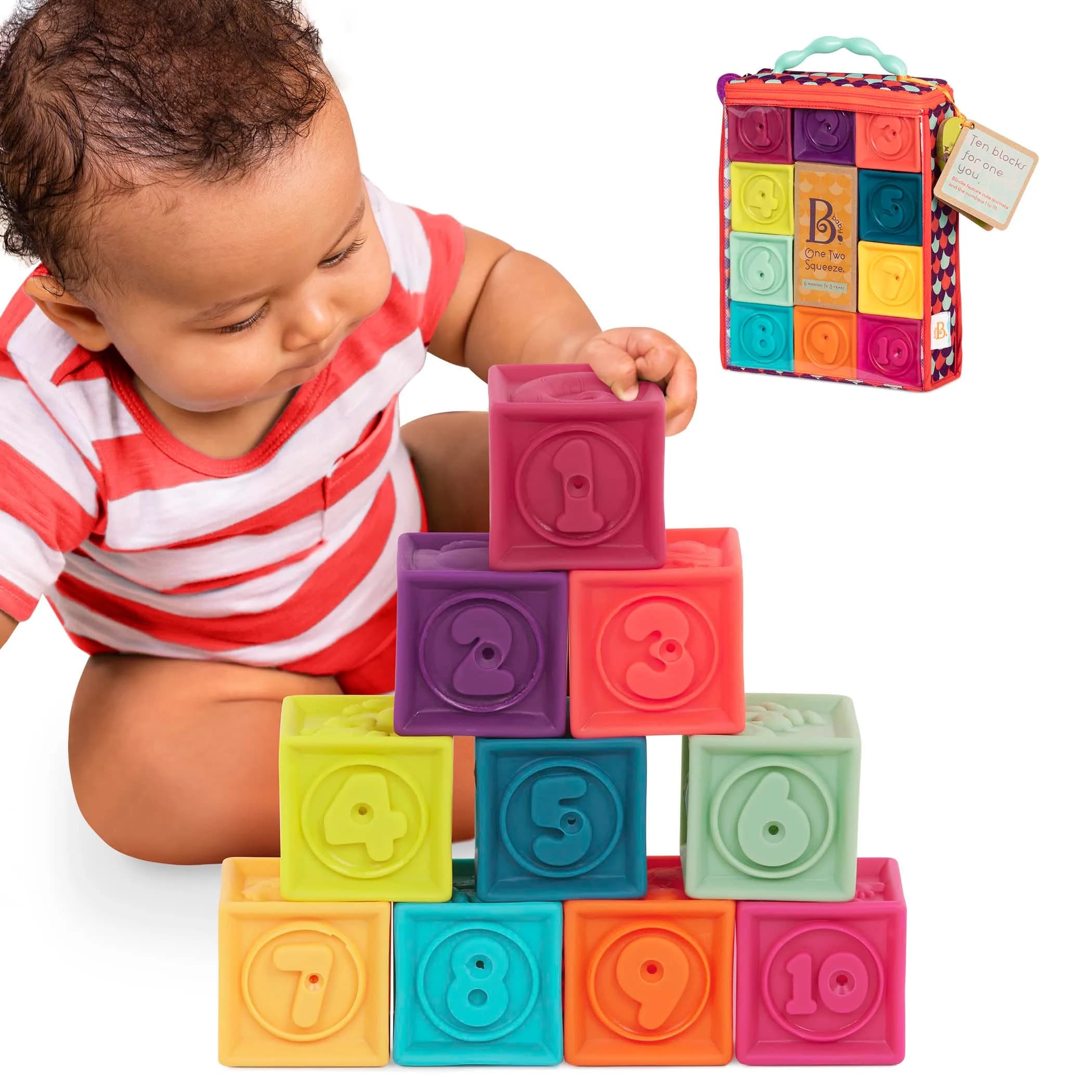 B. toys One Two Squeeze Soft Stacking Blocks 10-Piece Set | Educational Toy for Babies 6+ Months — Baby Blocks (10 Pcs)