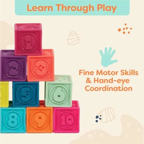 B. toys One Two Squeeze Soft Stacking Blocks 10-Piece Set | Educational Toy for Babies 6+ Months thumbnail 4