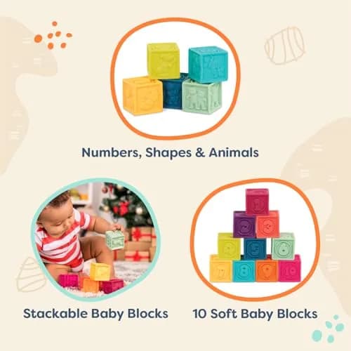 B. toys One Two Squeeze Soft Stacking Blocks 10-Piece Set | Educational Toy for Babies 6+ Months thumbnail 2
