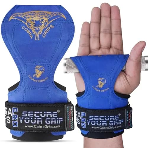 Cobra Grips PRO Weight Lifting Gloves with Wrist Wraps - 6mm Neoprene, Blue Leather | Patented Ergonomic Design for Deadlifts & Pull-ups thumbnail 4