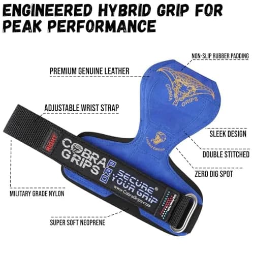 Cobra Grips PRO Weight Lifting Gloves with Wrist Wraps - 6mm Neoprene, Blue Leather | Patented Ergonomic Design for Deadlifts & Pull-ups thumbnail 5