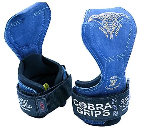 Cobra Grips PRO Weight Lifting Gloves with Wrist Wraps - 6mm Neoprene, Blue Leather | Patented Ergonomic Design for Deadlifts & Pull-ups thumbnail 2