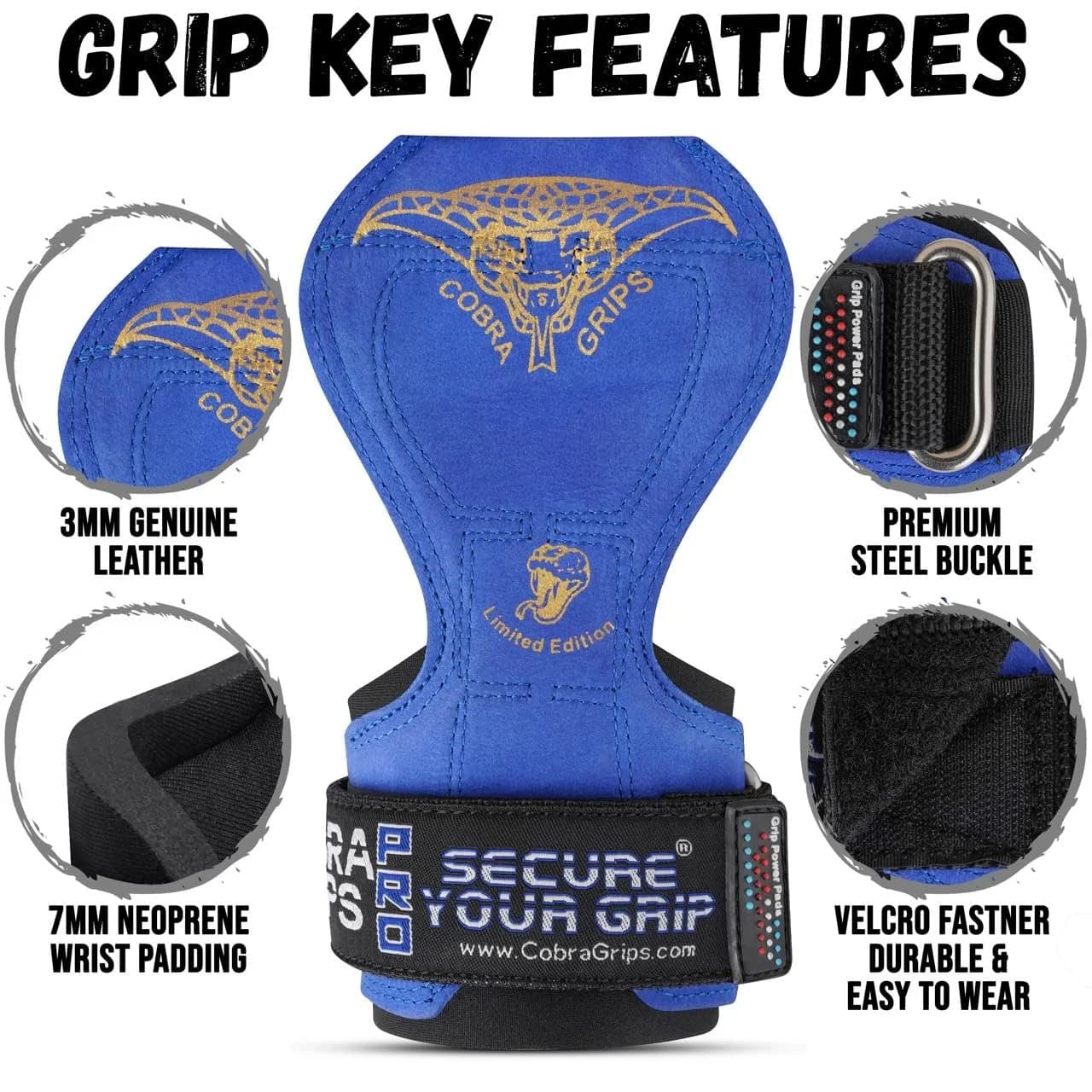 Cobra Grips PRO Blue Leather Weight Lifting Gloves with Wrist Wraps, Size 5.5 - 8.75" - view 3