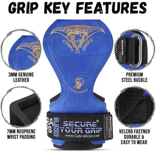Cobra Grips PRO Weight Lifting Gloves with Wrist Wraps - 6mm Neoprene, Blue Leather | Patented Ergonomic Design for Deadlifts & Pull-ups thumbnail 3