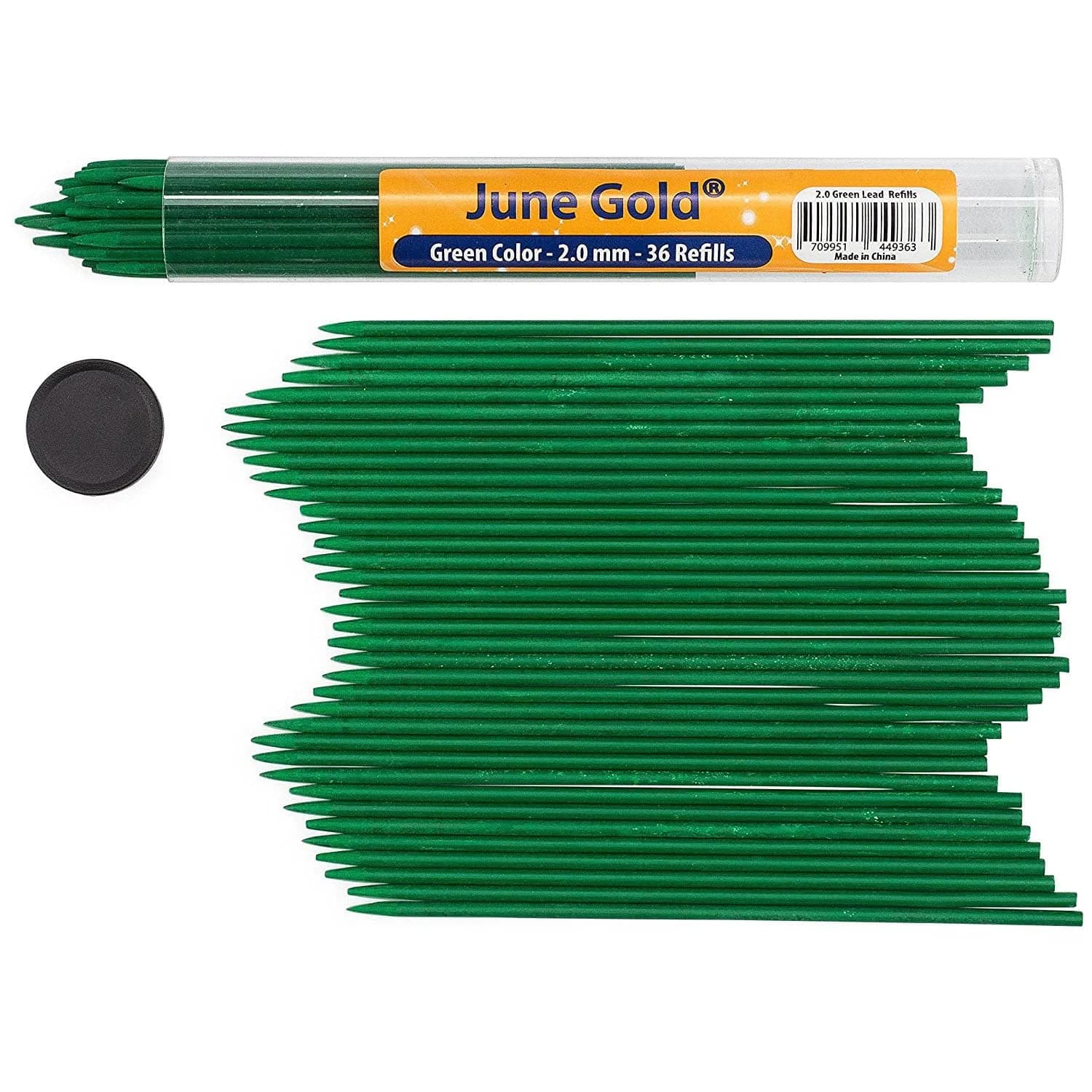 June Gold 36 Assorted Colored 2.0 mm Lead Refills | Vibrant, Break-Resistant, Pre-Sharpened for Heavy Use — Green (Emerald #104)