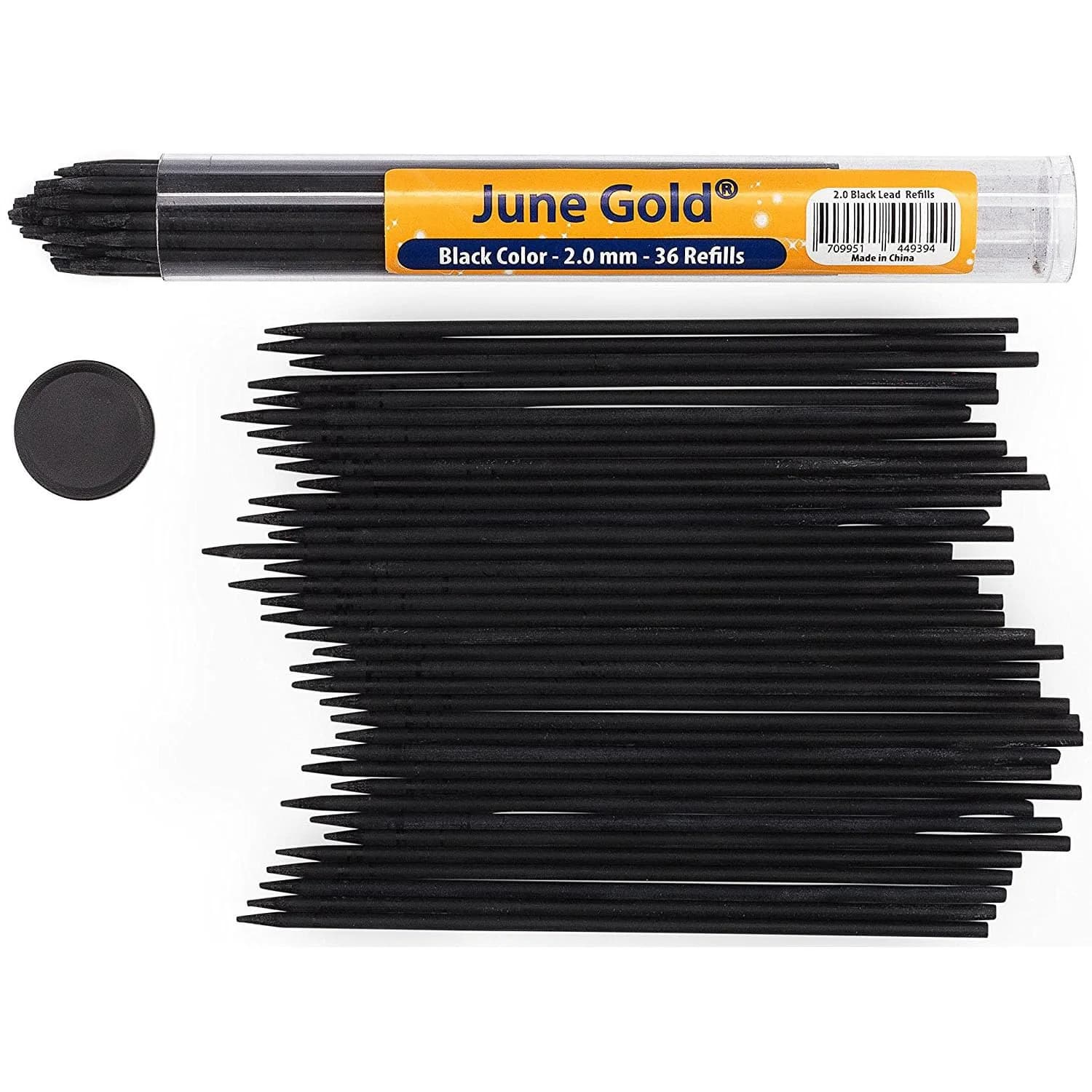 June Gold 36 Black (Raven #108) Colored 2.0 mm Lead Refills | Break-Resistant, 90 mm Length, Heavy Use — Black (Raven #108)