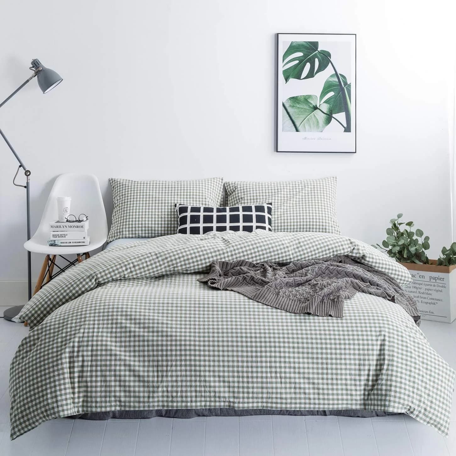 SUSYBAO Green Gingham Duvet Cover King Size | Breathable 100% Washed Cotton for All Seasons