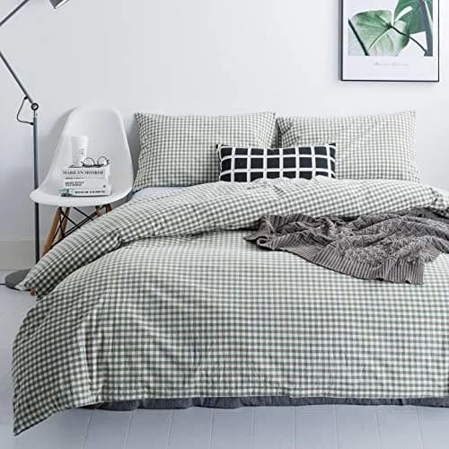 SUSYBAO Green Gingham Duvet Cover King Size | Breathable 100% Washed Cotton for All Seasons thumbnail 2