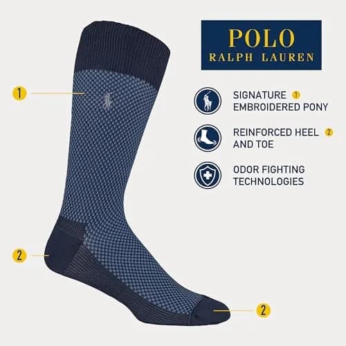 POLO RALPH LAUREN Mens Birdseye Dress Crew Socks 6-12.5 US Navy | Signature Embroidered Pony & Reinforced Toe thumbnail 6