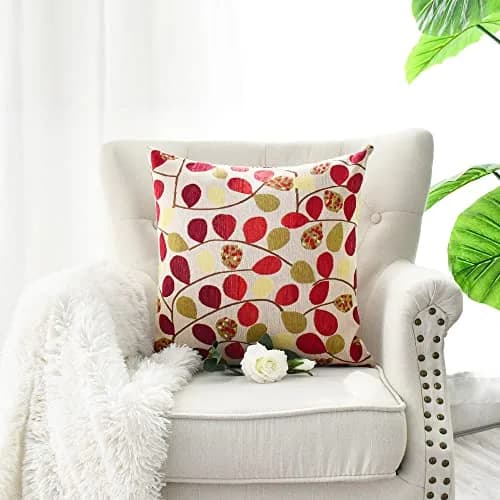 CaliTime Fall Decorative Throw Pillow Covers 18 x 18 Inches | Luxurious Leaf Design, Ecru Red, Heavy & Thick Fabric thumbnail 4