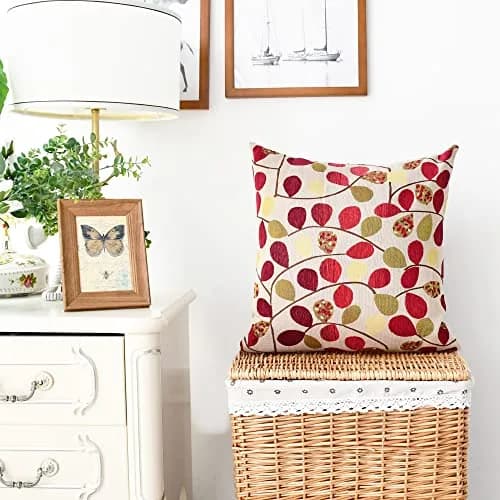 CaliTime Fall Decorative Throw Pillow Covers 18 x 18 Inches | Luxurious Leaf Design, Ecru Red, Heavy & Thick Fabric thumbnail 2