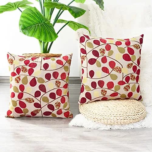 CaliTime Fall Decorative Throw Pillow Covers 18 x 18 Inches | Luxurious Leaf Design, Ecru Red, Heavy & Thick Fabric thumbnail 3