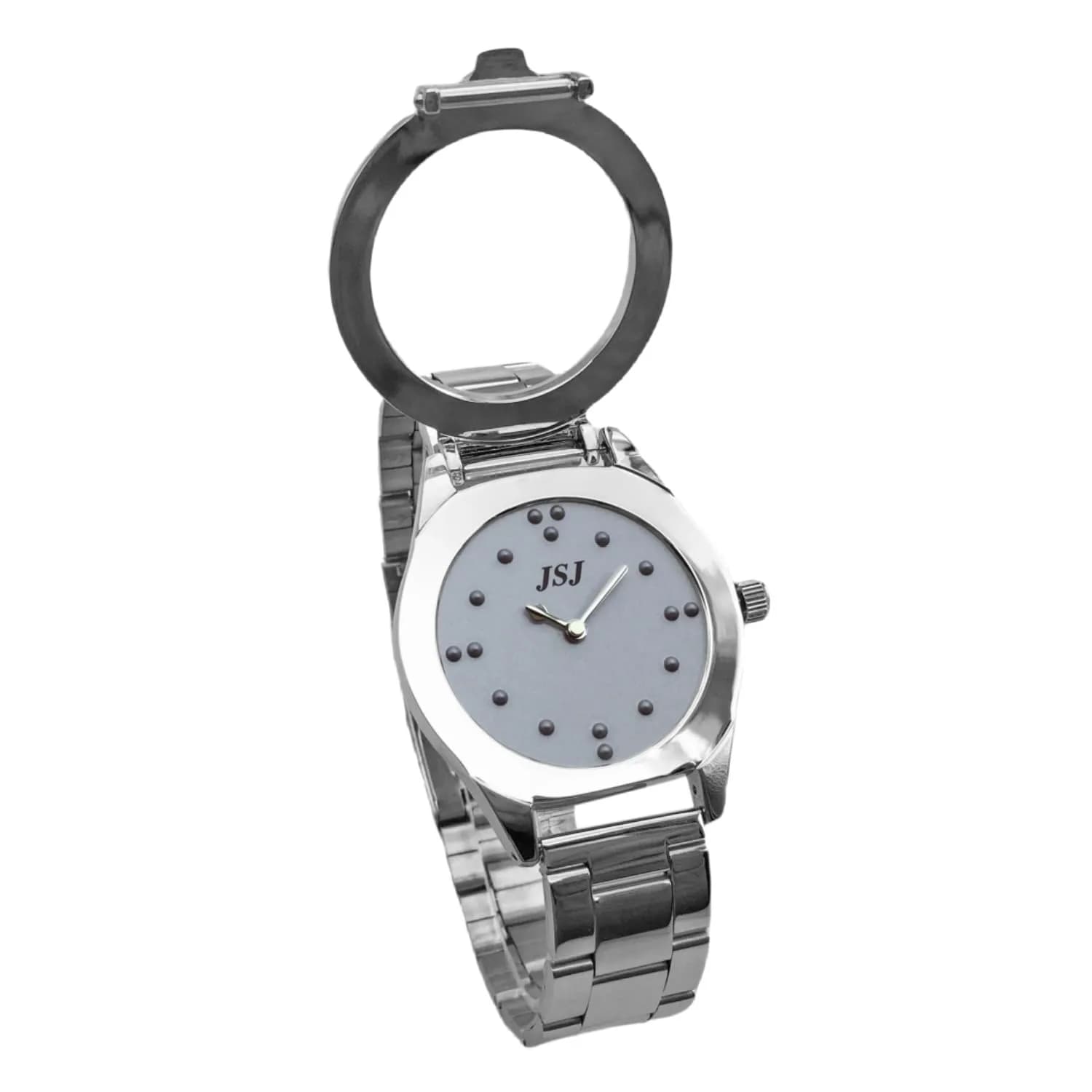 VISIONU Tactile Braille Watch for Men, 38mm Case with Silver Metal Band | Analog Display — Gray