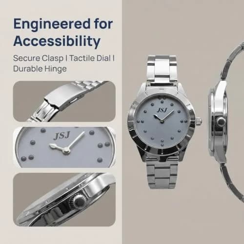 VISIONU Tactile Braille Watch for Men, 38mm Case with Silver Metal Band | Analog Display thumbnail 5