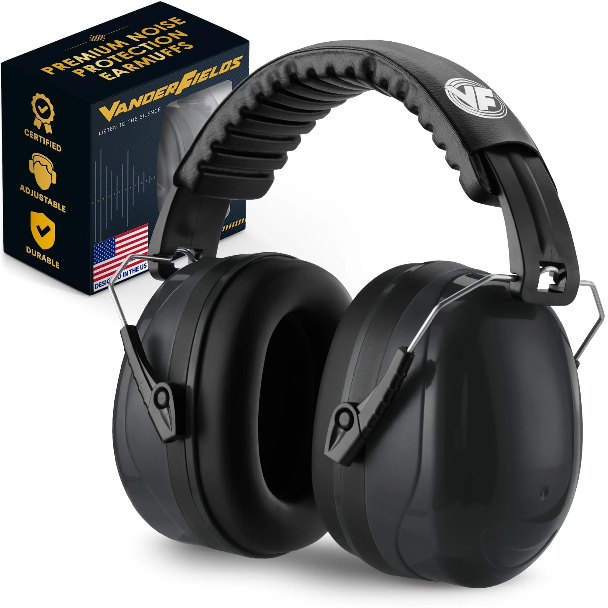 Vanderfields Noise Reduction Earmuffs for Adults - 35 dB (2K Hz) Protection Headphones | ANSI & CE Certified — Midnight Black