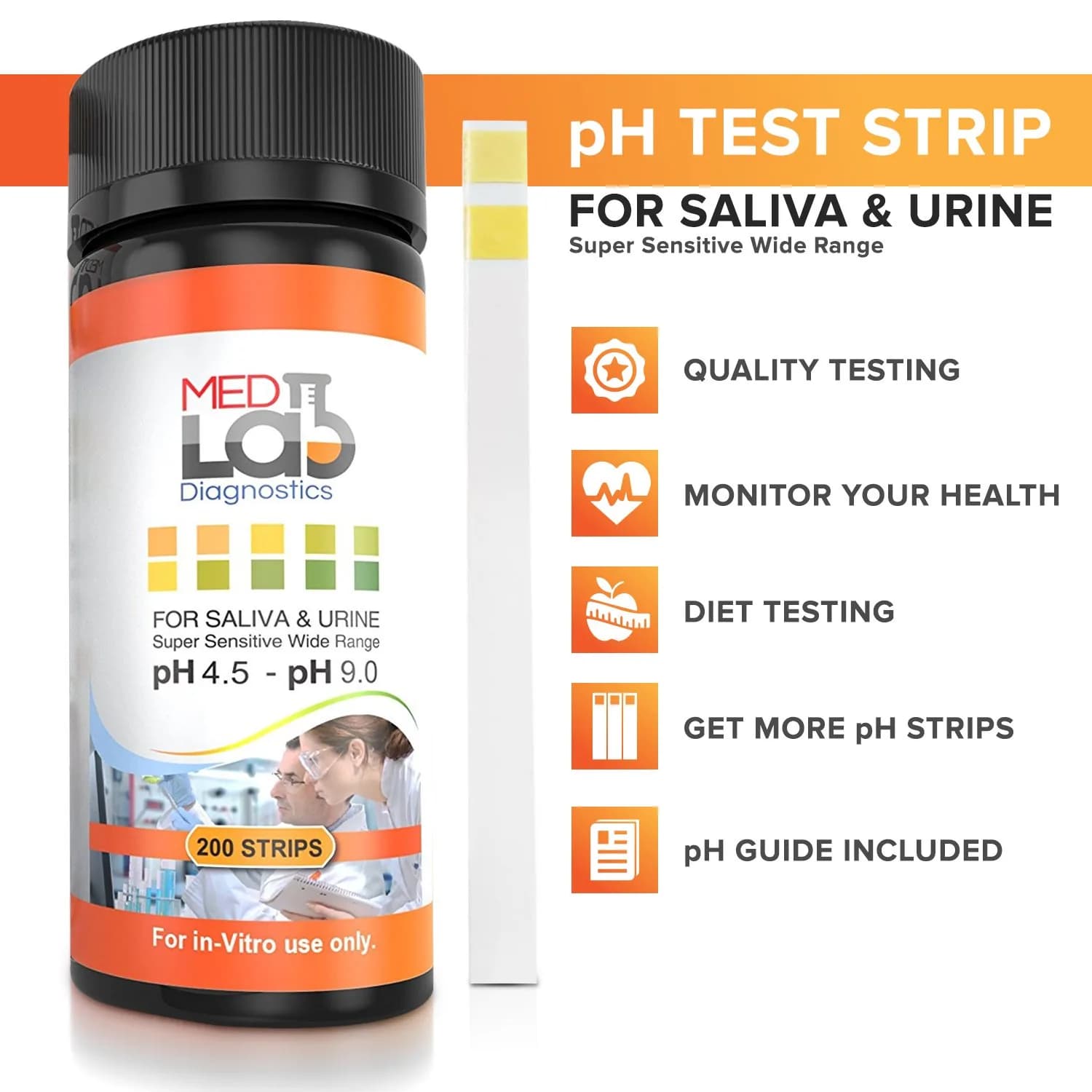 Med Lab Diagnostics 200 pH Test Strips 4.5–9.0 for Urine and Saliva Body pH Testing | Accurate Home Health Monitoring - view 3