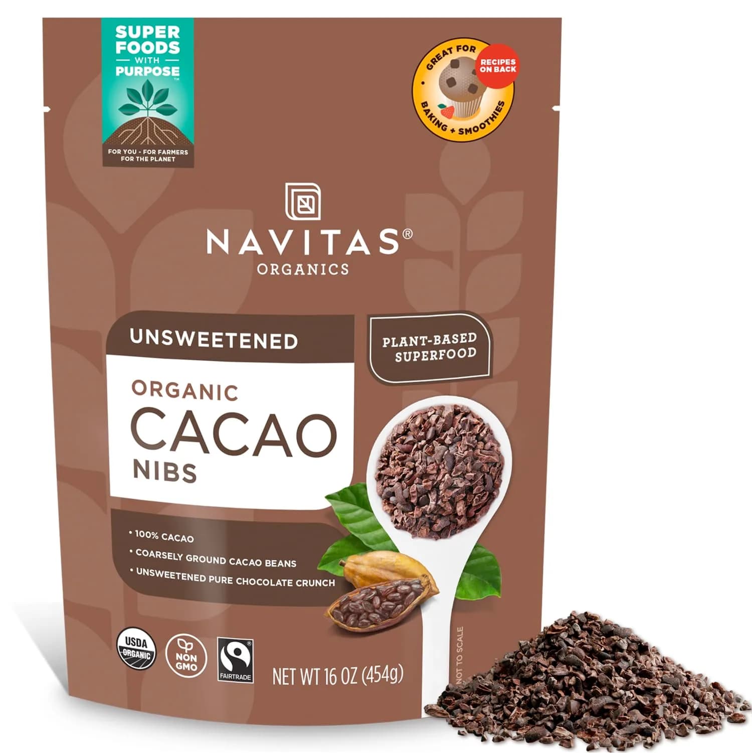 Navitas Organics Cacao Nibs – Unsweetened Dark Chocolate Crunch – Antioxidants, Minerals, Fiber – 16oz (454g) | USDA Organic & Fairtrade