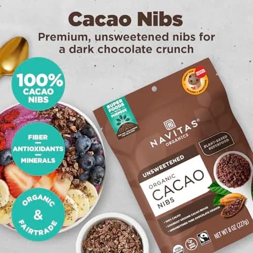 Navitas Organics Cacao Nibs – Unsweetened Dark Chocolate Crunch – Antioxidants, Minerals, Fiber – 16oz (454g) | USDA Organic & Fairtrade thumbnail 2