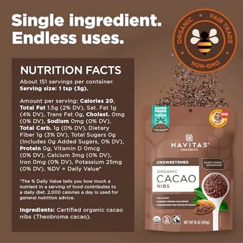 Navitas Organics Cacao Nibs – Unsweetened Dark Chocolate Crunch – Antioxidants, Minerals, Fiber – 16oz (454g) | USDA Organic & Fairtrade thumbnail 3