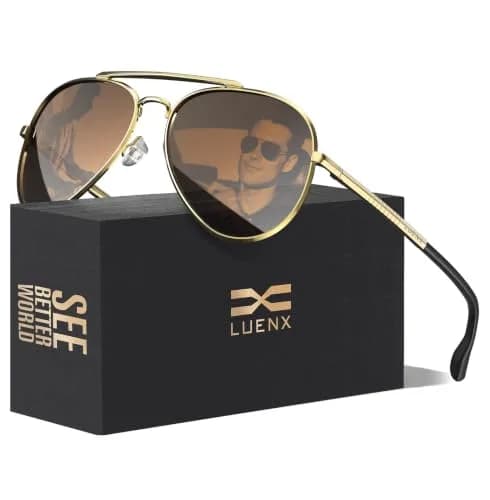 Luenx Aviator Polarized Sunglasses for Men & Women | 60mm (2.36 in) Lens Width, Brown/Gold Frame thumbnail 1