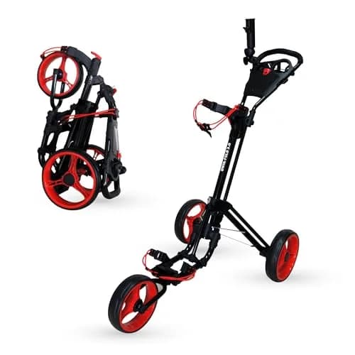Qwik-Fold 3-Wheel Golf Push Cart with Foot Brake | 1-Second Fold Aluminum Frame, Adjustable Handle, Umbrella Holder, Lightweight (Black/Red) thumbnail 1