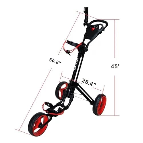 Qwik-Fold 3-Wheel Golf Push Cart with Foot Brake | 1-Second Fold Aluminum Frame, Adjustable Handle, Umbrella Holder, Lightweight (Black/Red) thumbnail 7