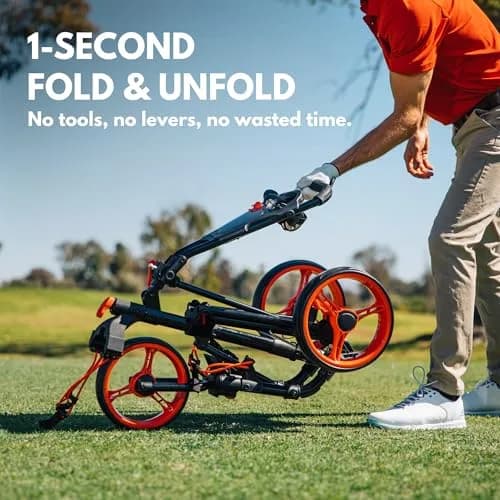 Qwik-Fold 3-Wheel Golf Push Cart with Foot Brake | 1-Second Fold Aluminum Frame, Adjustable Handle, Umbrella Holder, Lightweight (Black/Red) thumbnail 2