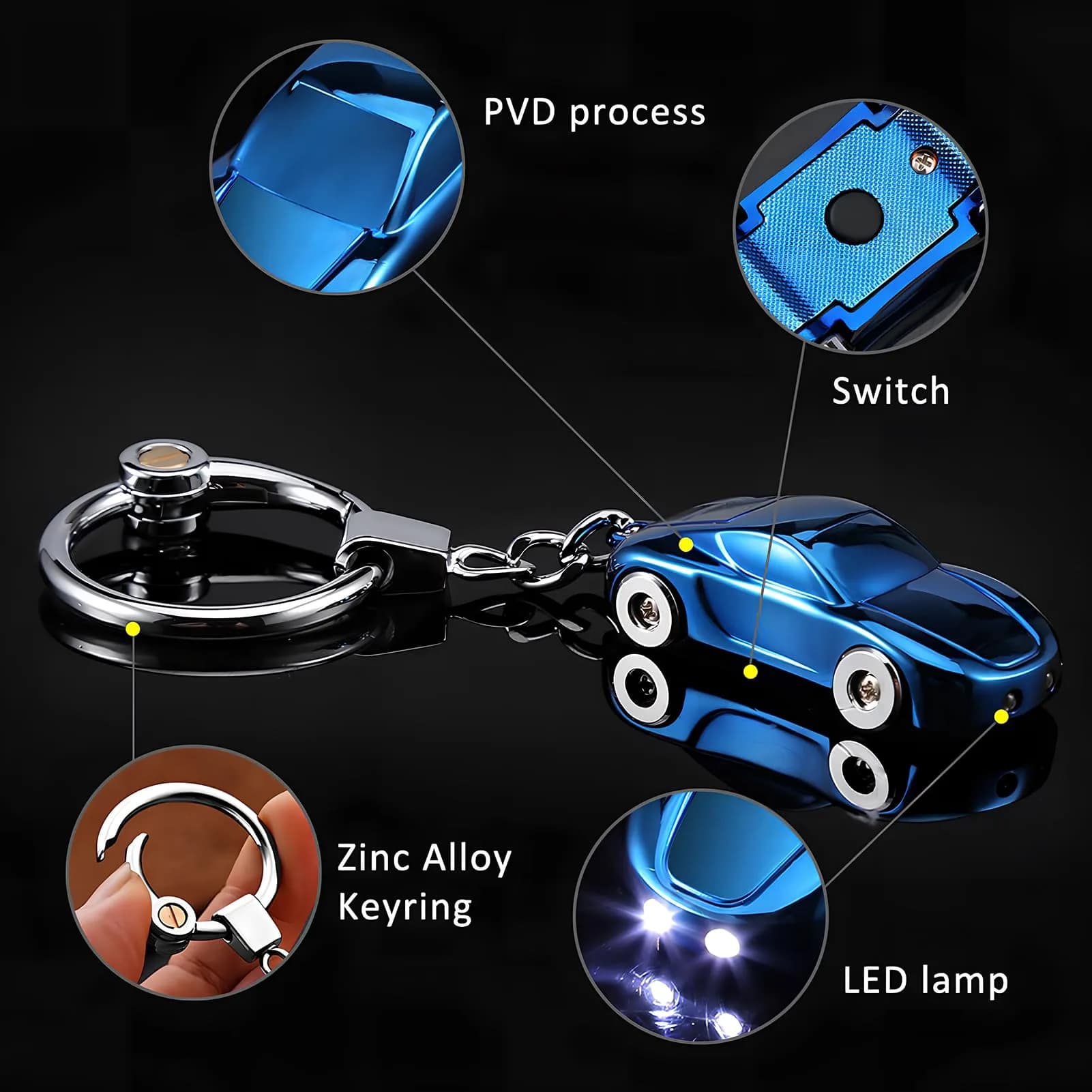 SOMGEM Car Keychain Flashlight Blue with LED Light | Zinc Alloy Detachable Key Ring - view 4