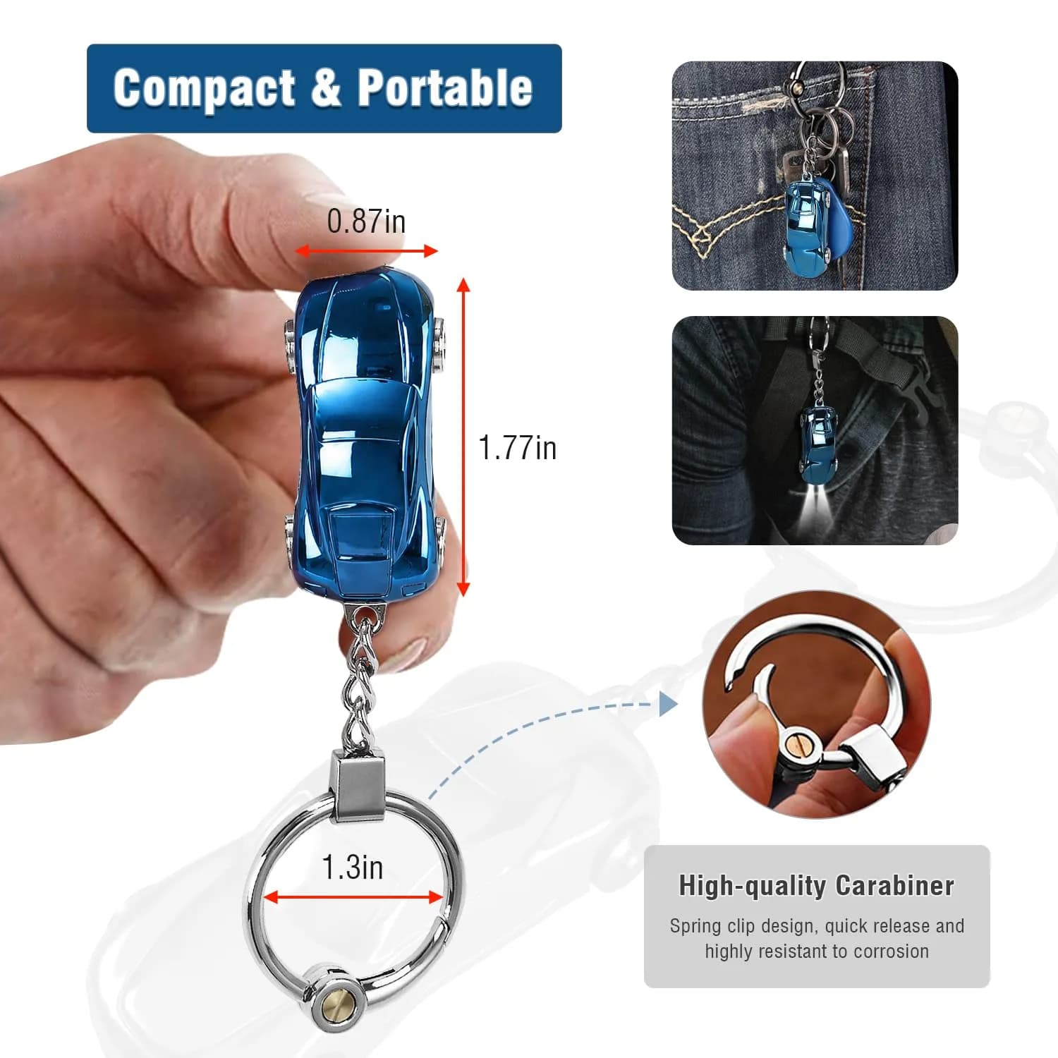 SOMGEM Car Keychain Flashlight Blue with LED Light | Zinc Alloy Detachable Key Ring - view 5