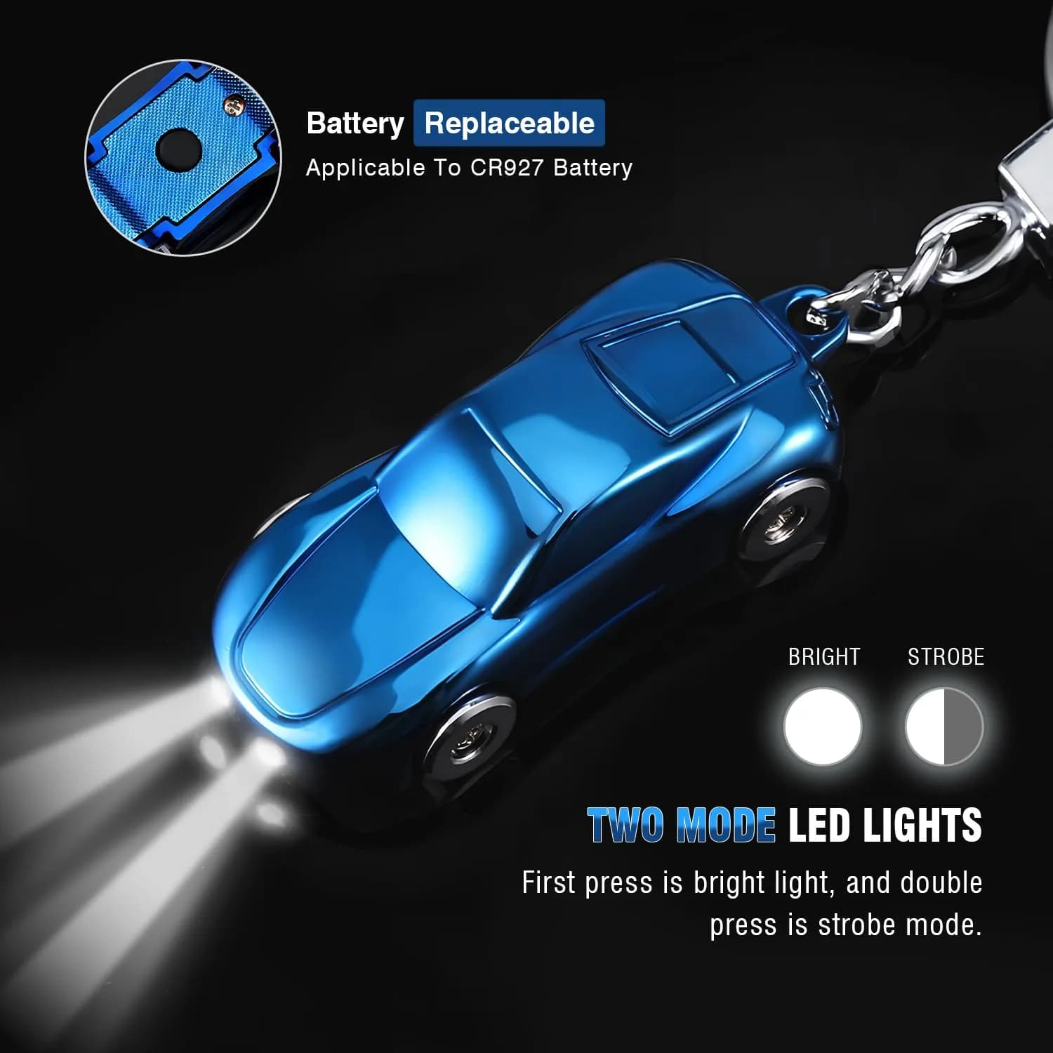 SOMGEM Car Keychain Flashlight Blue with LED Light | Zinc Alloy Detachable Key Ring - view 2