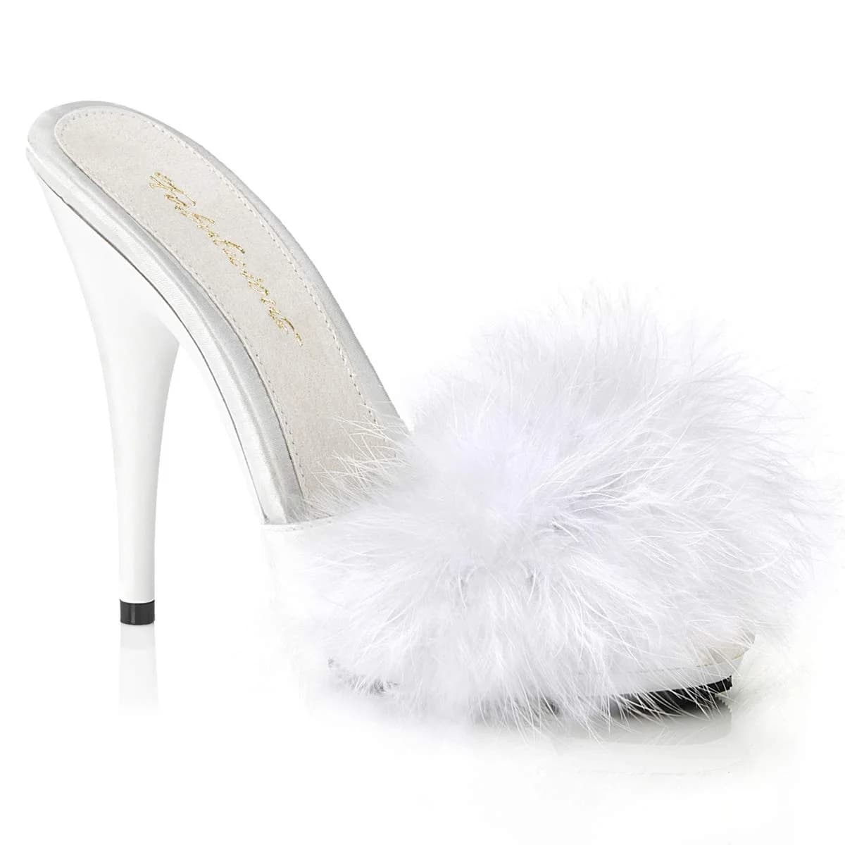 Fabulicious Poise-501F Marabou Slipper | High Heel Platform Sandal in White Satin (12.7cm heel, 1cm platform) | Adult Women