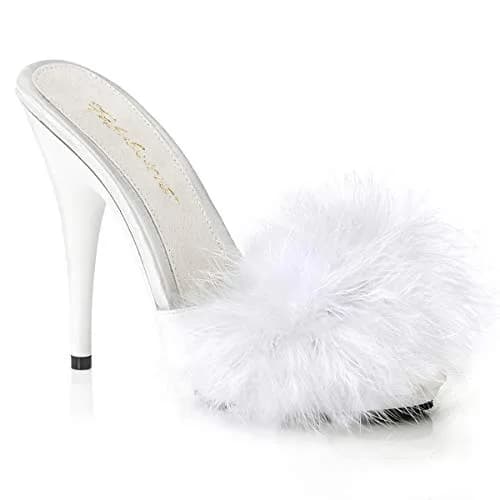 Fabulicious Poise-501F Marabou Slipper | High Heel Platform Sandal in White Satin (12.7cm heel, 1cm platform) | Adult Women thumbnail 1