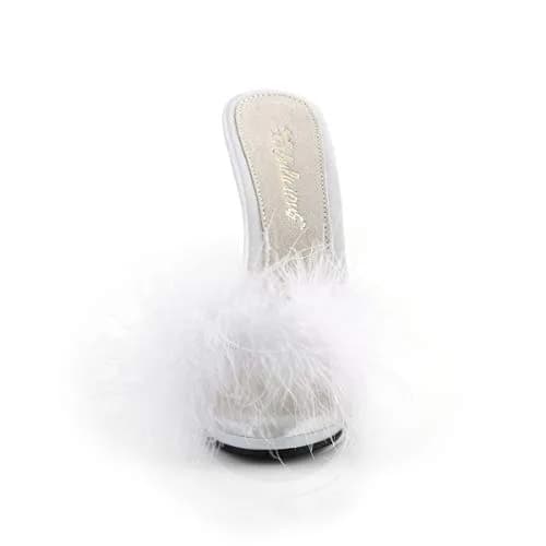Fabulicious Poise-501F Marabou Slipper | High Heel Platform Sandal in White Satin (12.7cm heel, 1cm platform) | Adult Women thumbnail 2