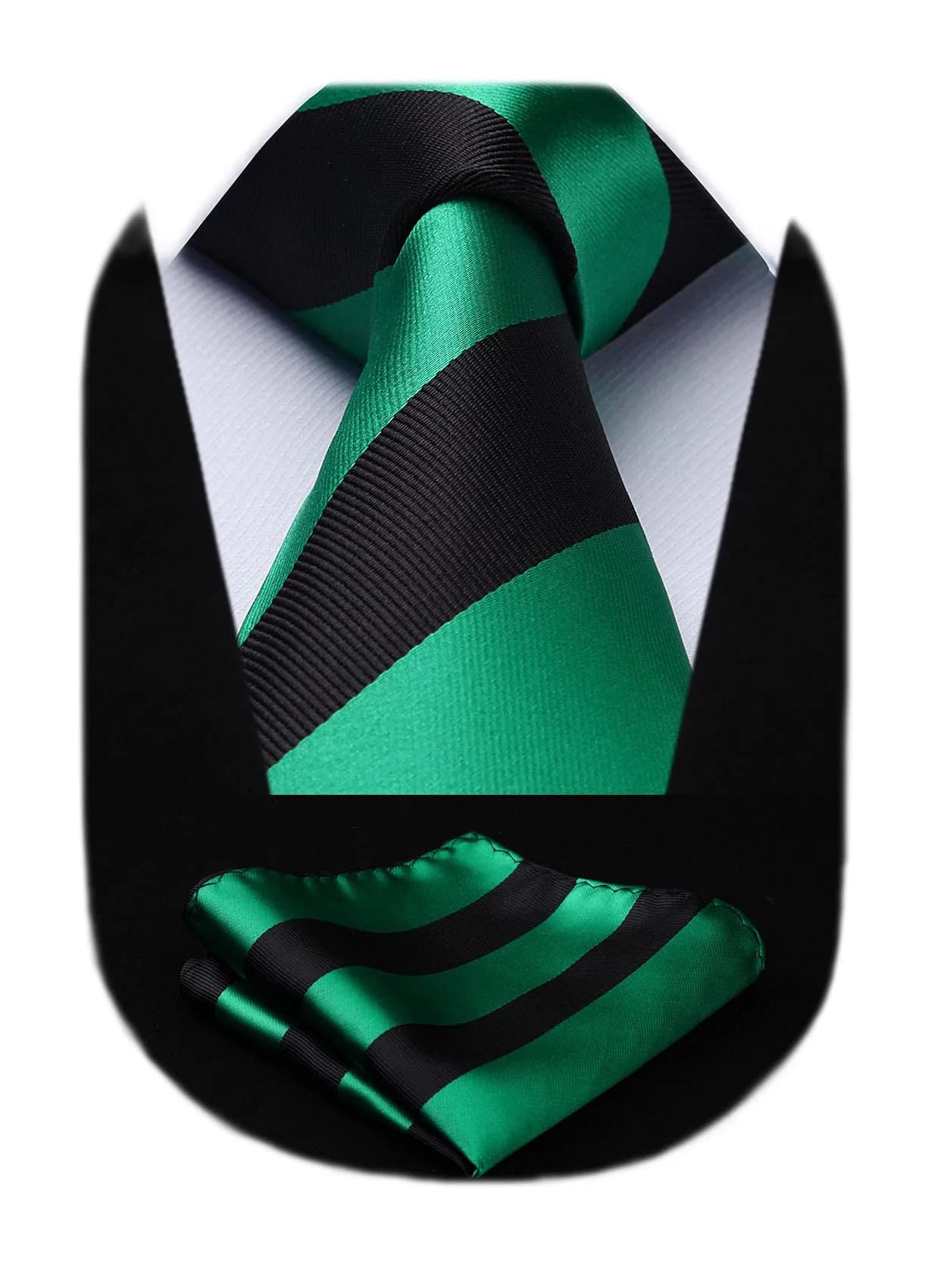 HISDERN Plaid Necktie & Pocket Square Set | Classic Stripe Design, Green & Black, One Size