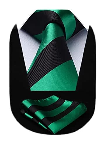 HISDERN Plaid Necktie & Pocket Square Set | Classic Stripe Design, Green & Black, One Size thumbnail 1
