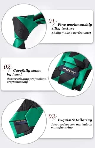 HISDERN Plaid Necktie & Pocket Square Set | Classic Stripe Design, Green & Black, One Size thumbnail 4