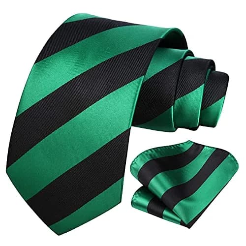 HISDERN Plaid Necktie & Pocket Square Set | Classic Stripe Design, Green & Black, One Size thumbnail 3