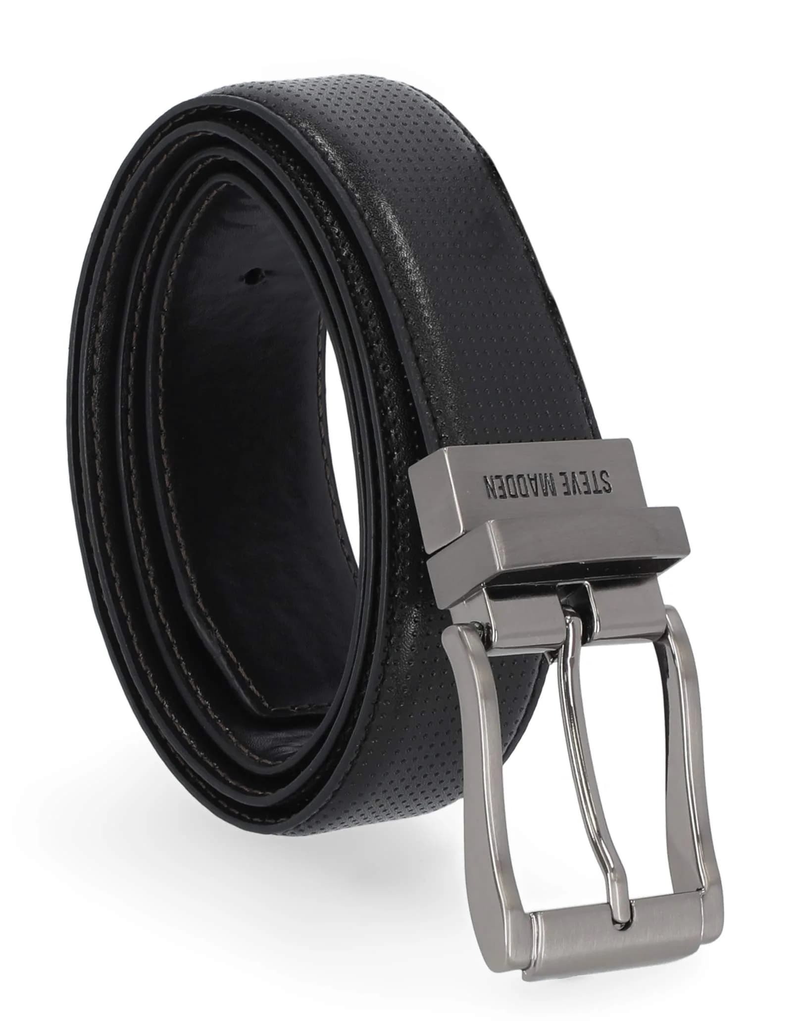 Steve Madden Reversible Men's Dress Casual Leather Belt, 32 | Versatile Reversible Leather Belt for Men — Black/Brown (Perforated)