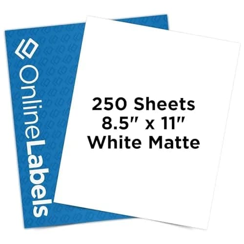 Online Labels Sticker Paper 8.5" x 11" White Matte | Permanent Adhesive, 250 Sheets, Inkjet & Laser Compatible thumbnail 1