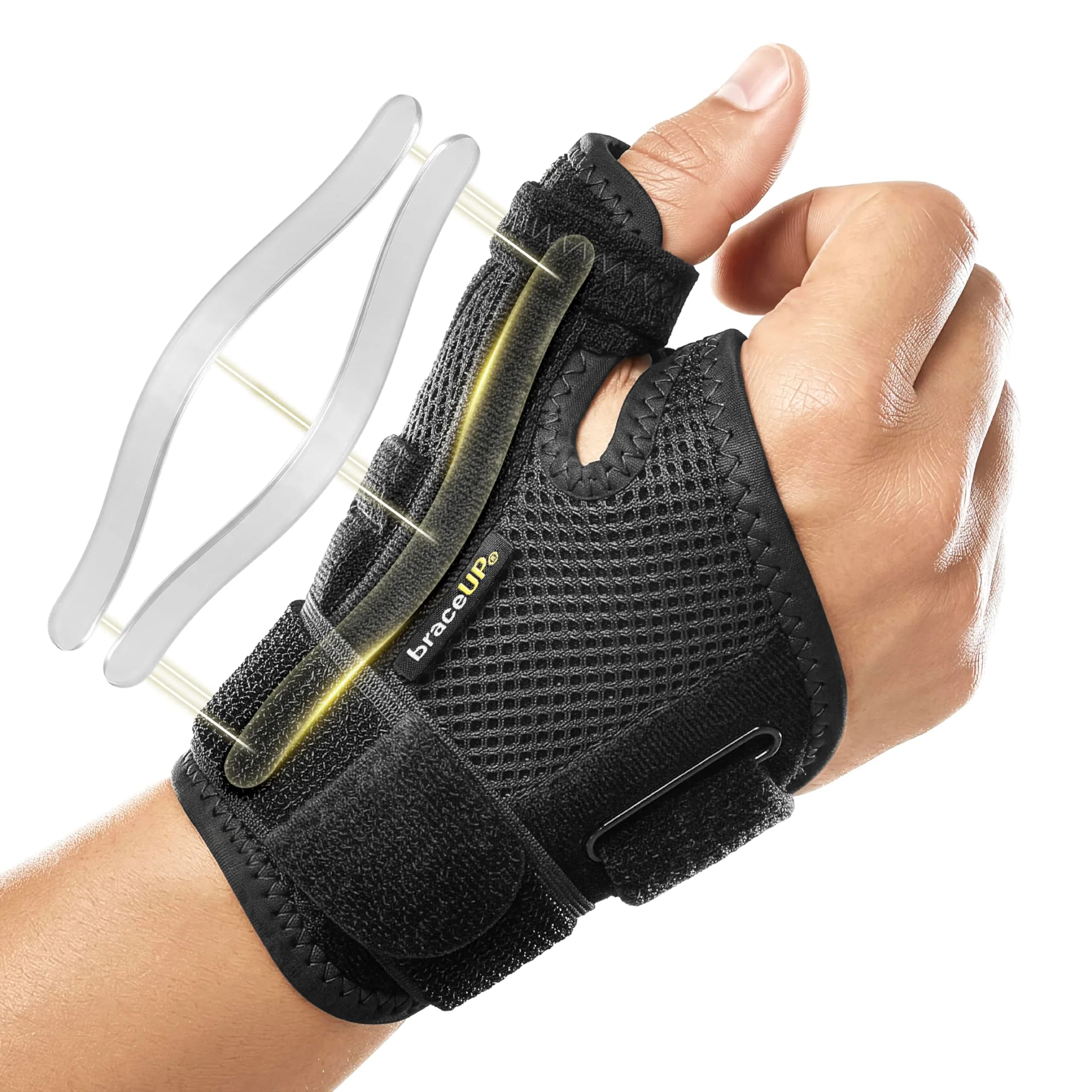 BraceUP Thumb Spica Splint Brace Black | Right/Left Hand, Adjustable Compression for Arthritis, Tendonitis, Carpal Tunnel Pain Relief (1 Count) — Black