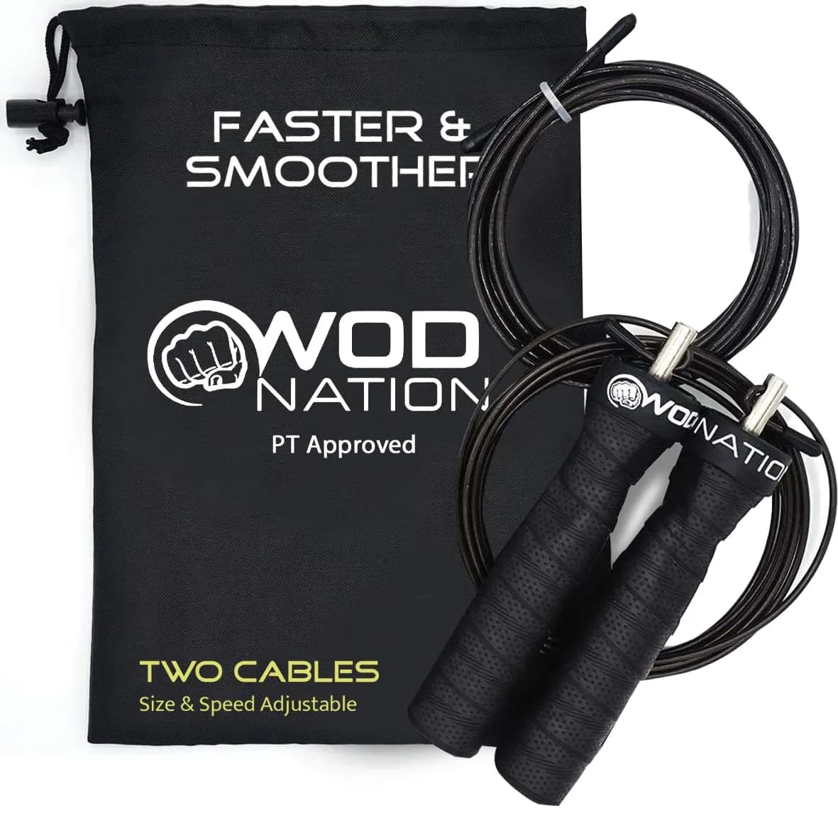 WOD Nation Attack Speed Jump Rope - Black Alloy Steel Handles, 11 ft (3.35 m) with 2.2 mm & 3.3 mm Cables | Dual-Cable System for Fitness & Double Unders