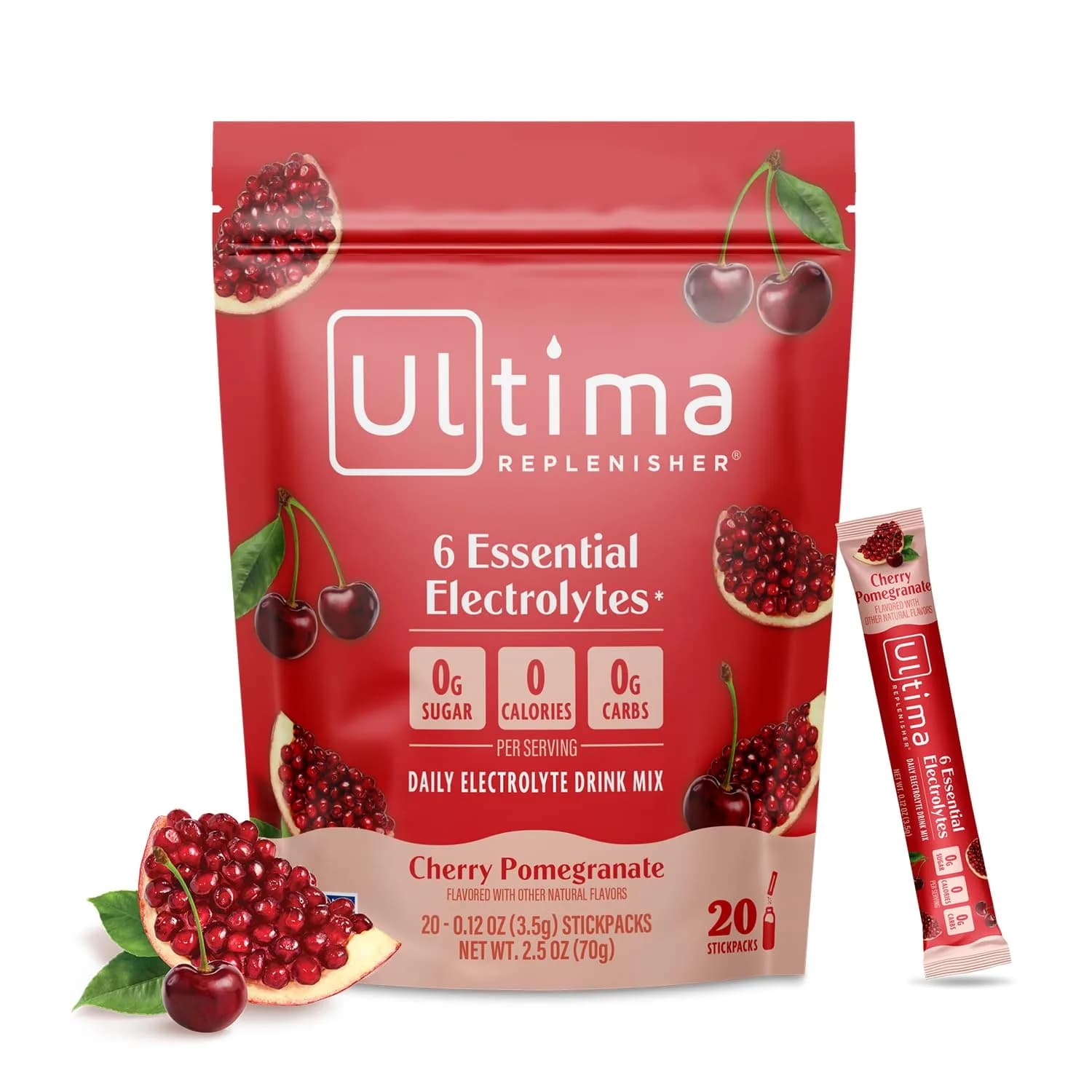 Ultima Replenisher Daily Electrolyte Powder Stick Cherry Pomegranate, 20 Stickpacks (3.7g (0.13 oz) each) | Zero Sugar Hydration Packets with 6 Electrolytes & Minerals - main product image