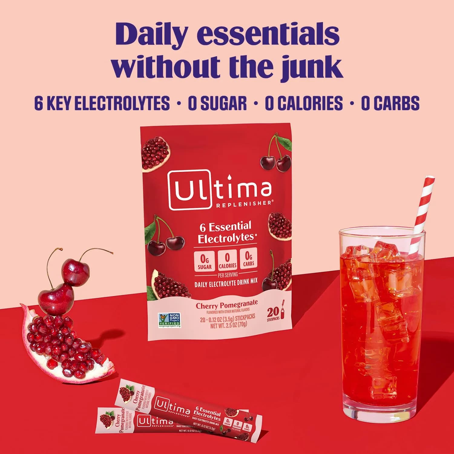Ultima Replenisher Daily Electrolyte Powder Stick Cherry Pomegranate, 20 Stickpacks (3.7g (0.13 oz) each) | Zero Sugar Hydration Packets with 6 Electrolytes & Minerals - view 2